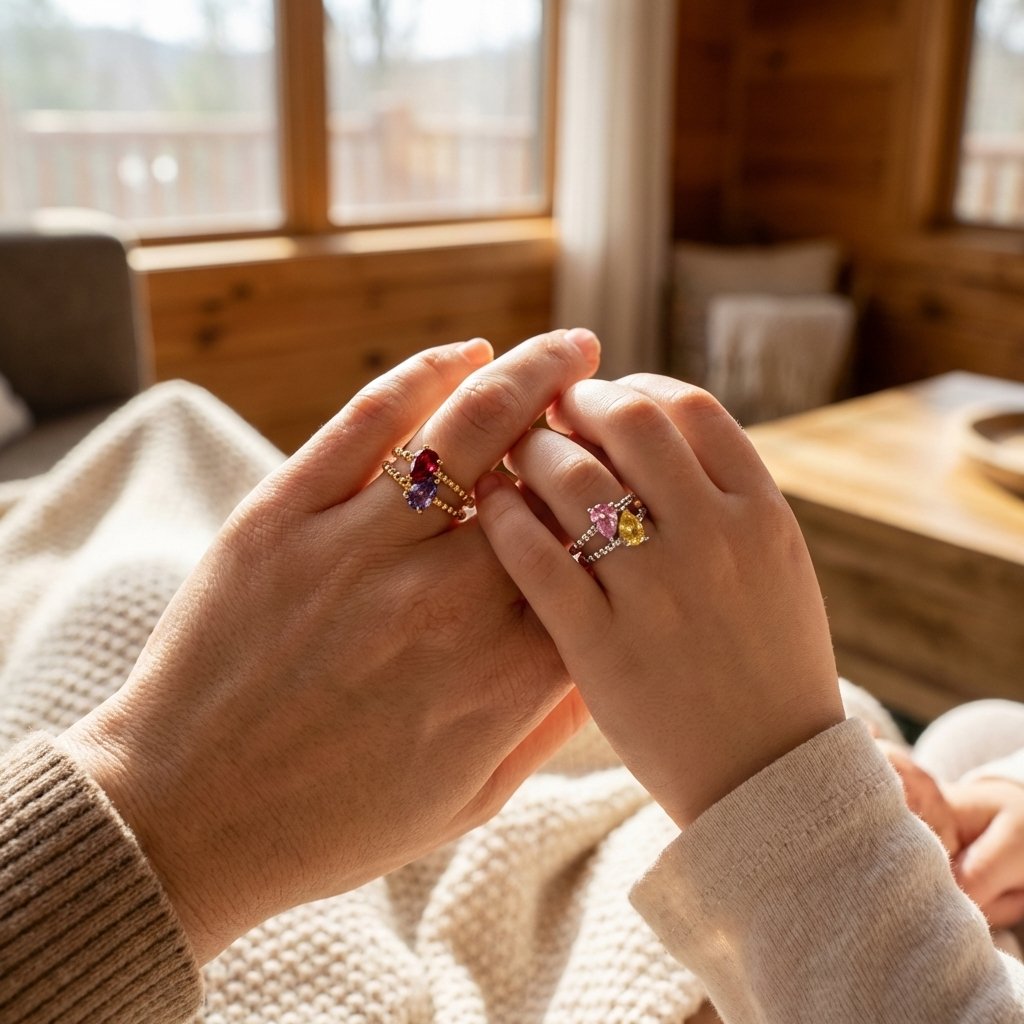 Mother Daughter Heart Birthstone Ring | Personalized Silver