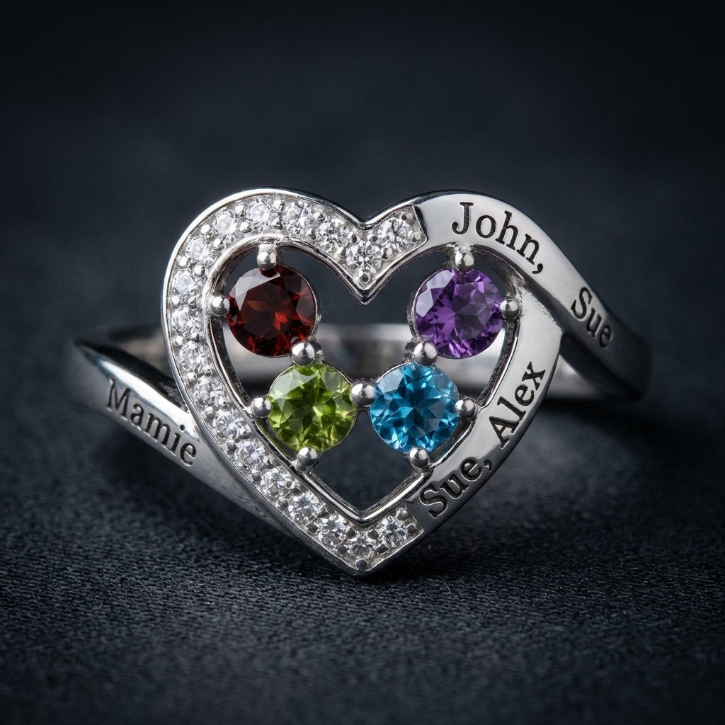 Personalized Mother's Birthstone Ring - Sterling Silver Heart