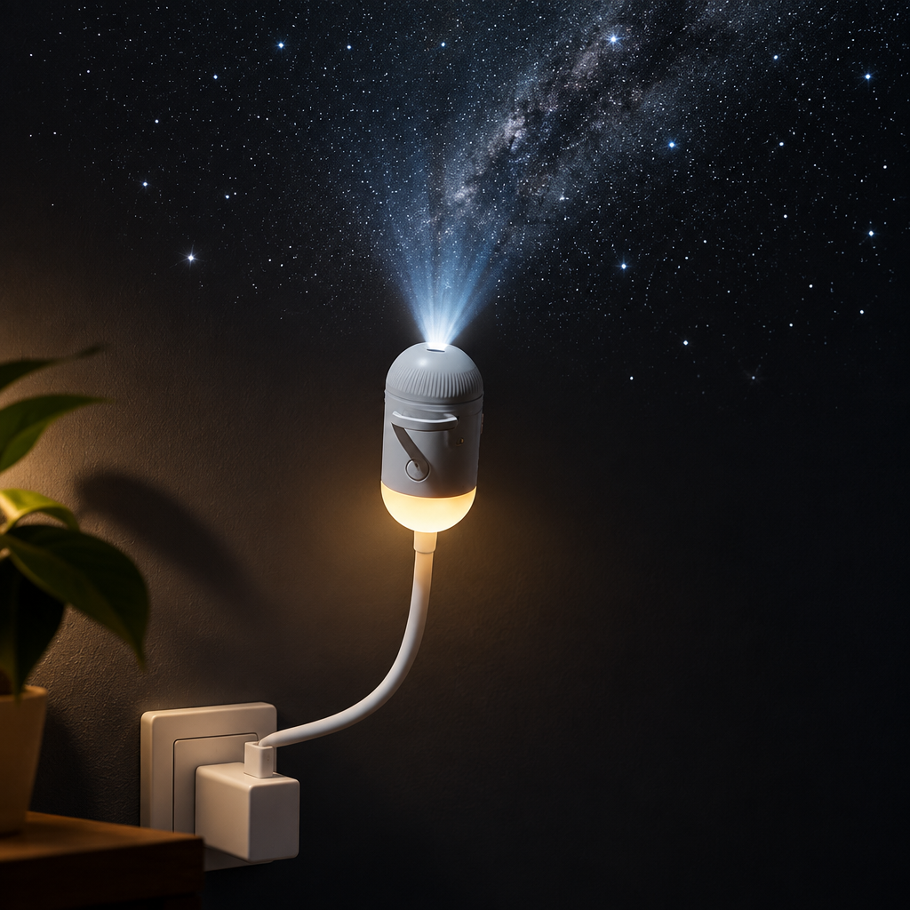 Galaxy star projector night light plugged into a USB wall adapter, projecting the Milky Way onto a dark wall