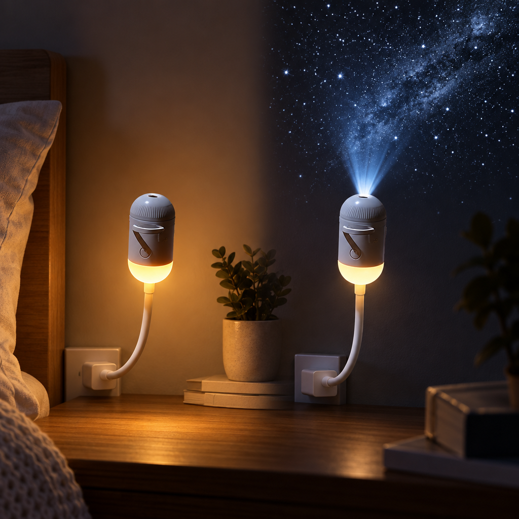 The star projector in two modes: warm amber night-light glow, and star mode projecting stars onto the wall