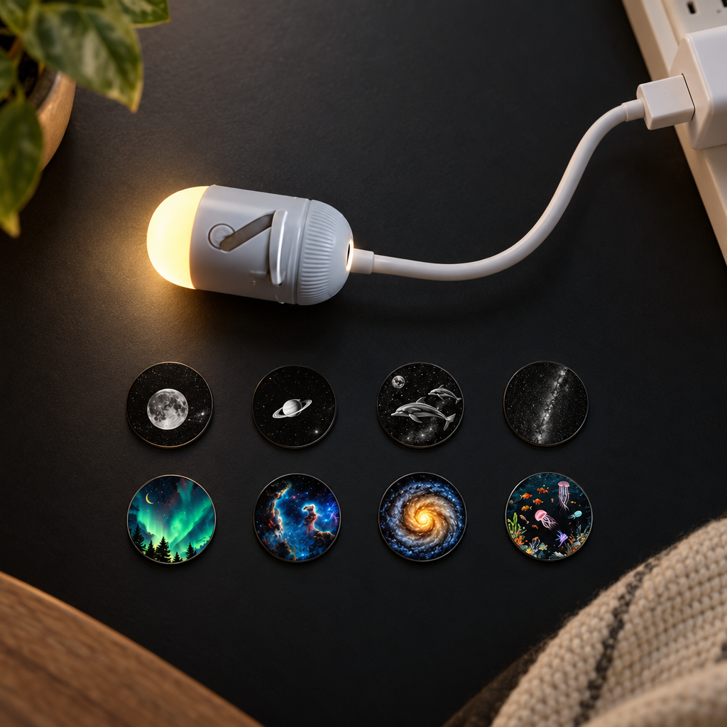 All eight star projector discs: Moon, Saturn, Dolphins, Milky Way in black and white, plus Aurora Forest, Pillars of Creation, Spiral Galaxy and Underwater World in colour