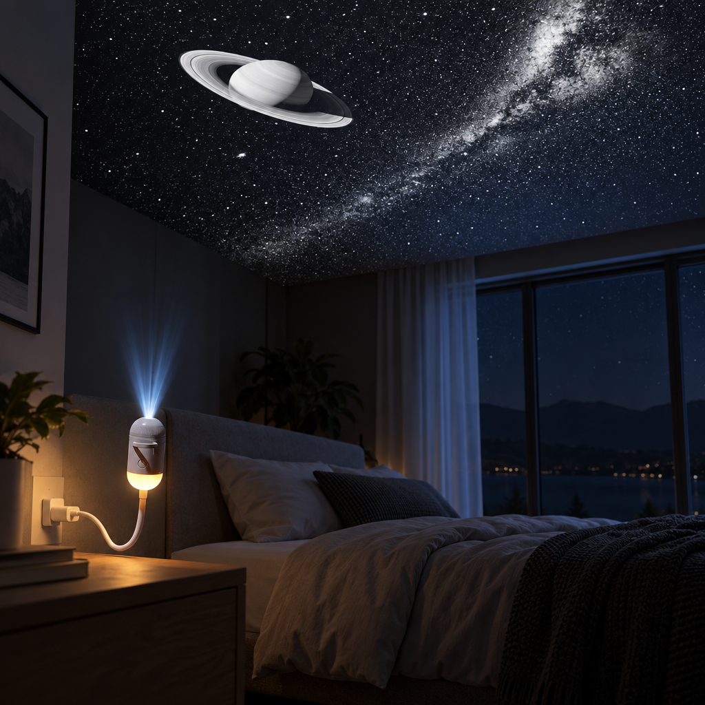 Saturn and the Milky Way projected across the ceiling of a dark modern bedroom
