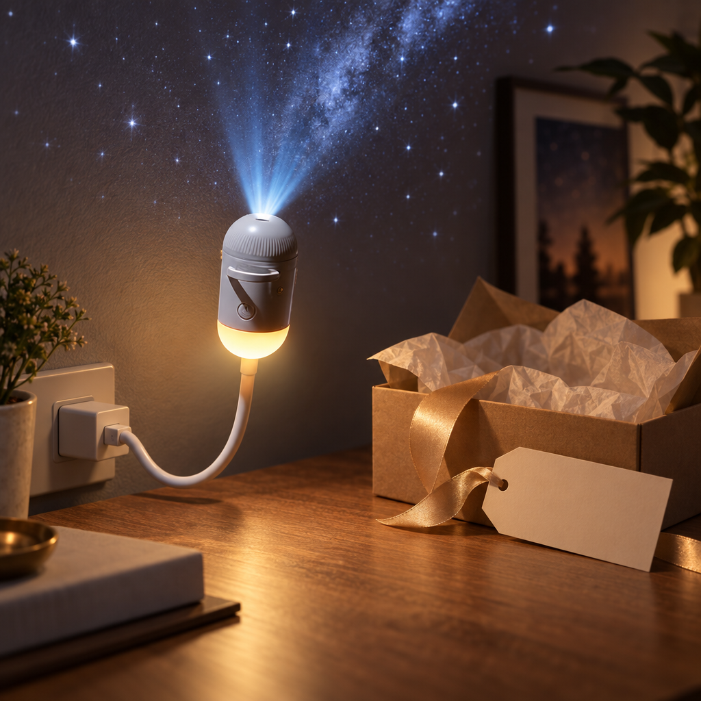 Star projector casting stars on a wall beside an open kraft gift box with a satin ribbon and blank tag