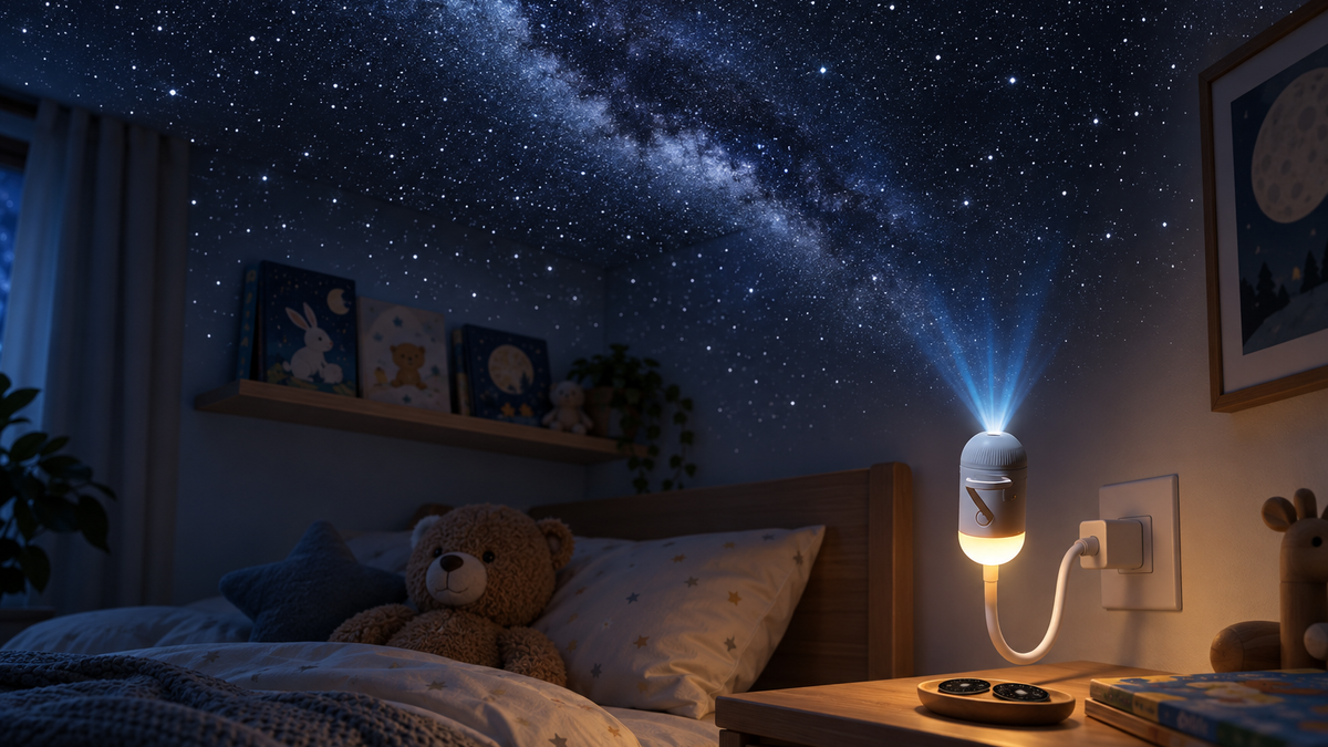 Star projector on a child's bedside table filling a dark bedroom ceiling with stars at bedtime