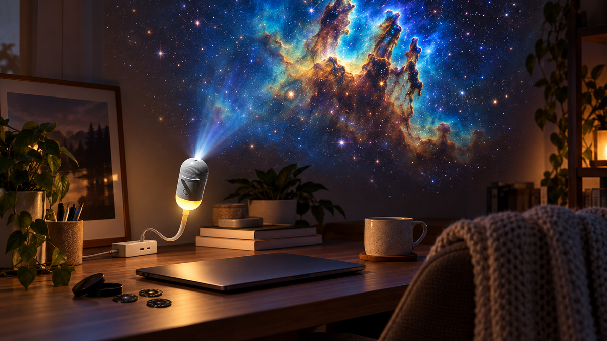 Star projector on a desk projecting a colourful nebula onto the wall of a cosy dark room