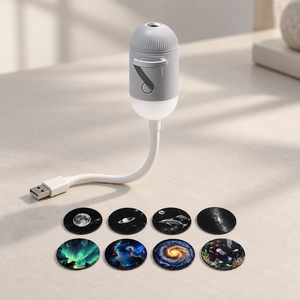 Star projector with its USB plug and all eight projection discs on a light background