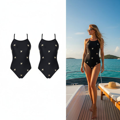 Front and on-model yacht view of bee embroidered swimsuit