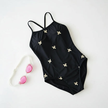 Bee embroidered black one-piece swimsuit, flat lay