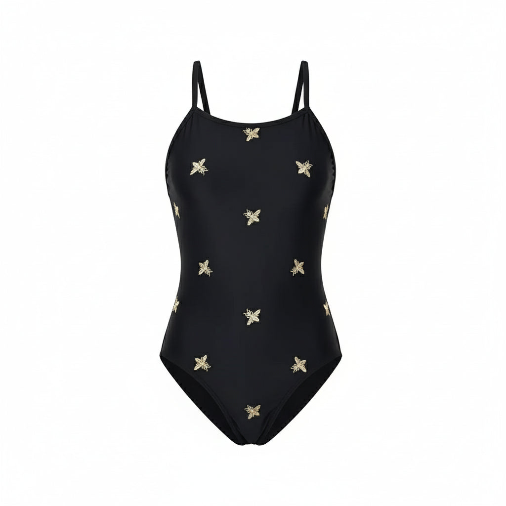 Bee embroidered black swimsuit, product shot front