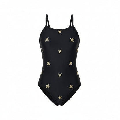 Bee embroidered black swimsuit, product shot front