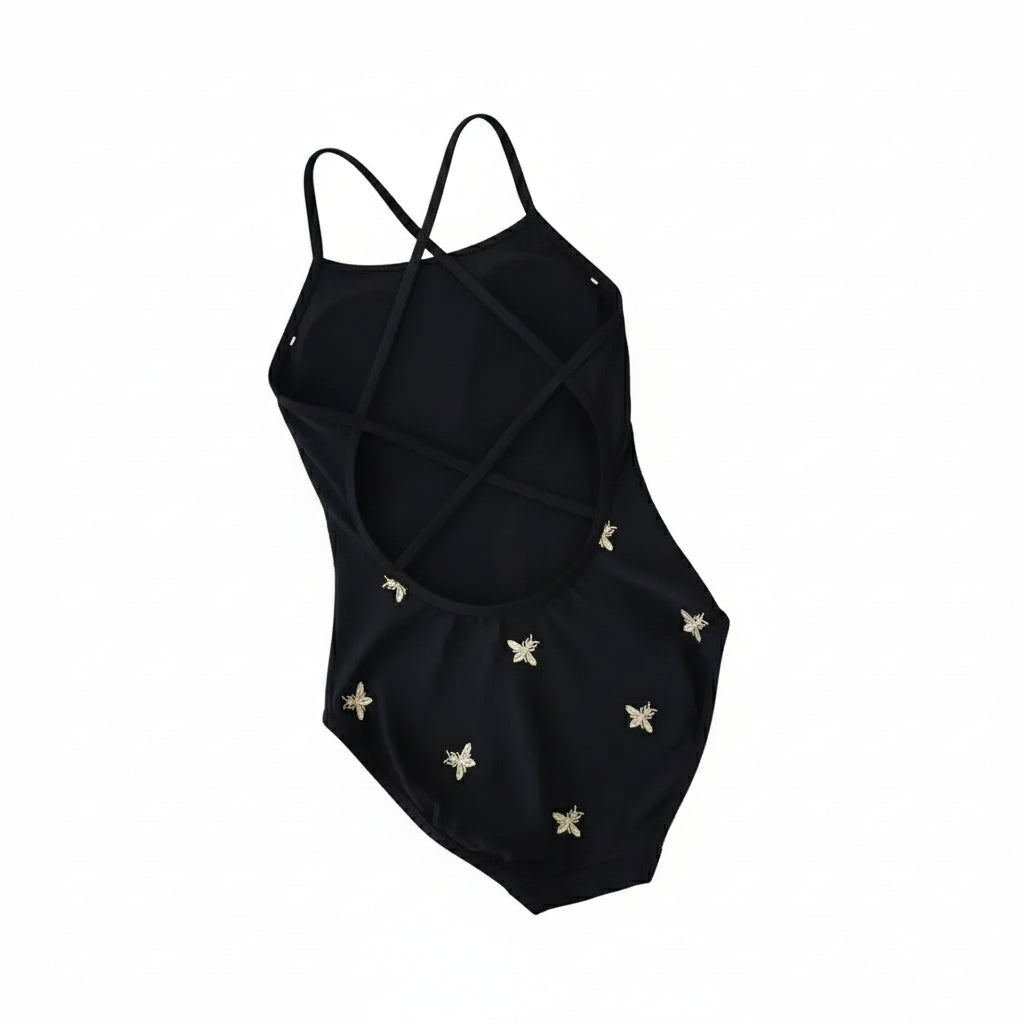 Bee embroidered black swimsuit, lifestyle photo